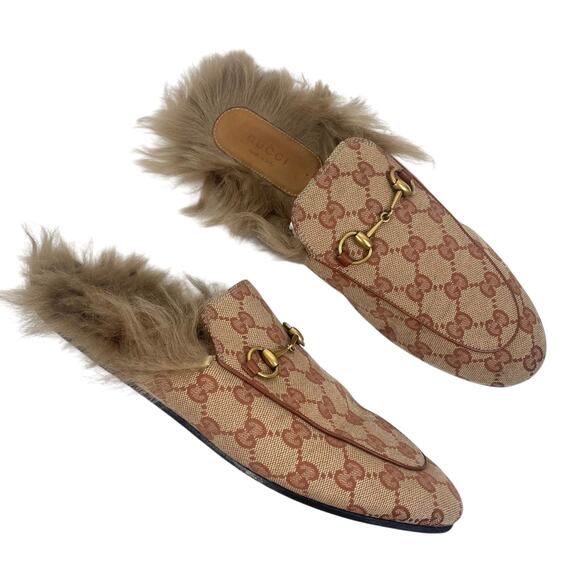 Gucci GG Monogram Fur Princetown Mules Horsebit Natural Size 39.5 - Picture 1 of 11
